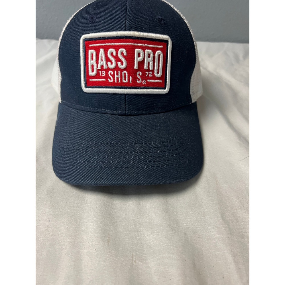Bass Pro Shops Trucker Hat Navy Blue White Red Mesh Snapback Fishing Cap Retro